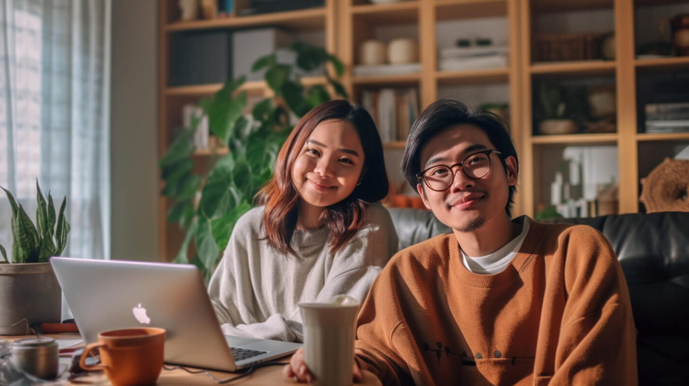 a person and person sitting at a table with a laptop