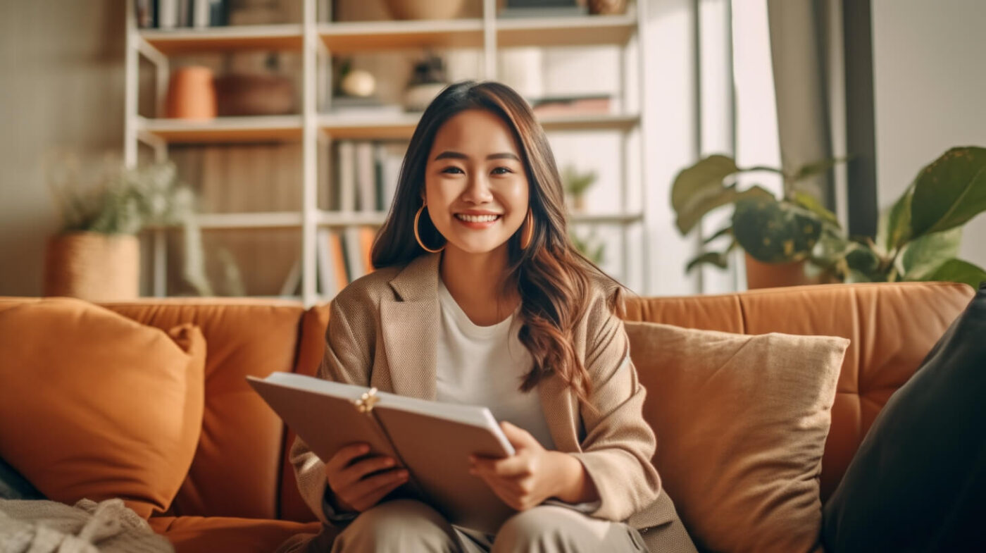 a person sitting on a couch holding a book